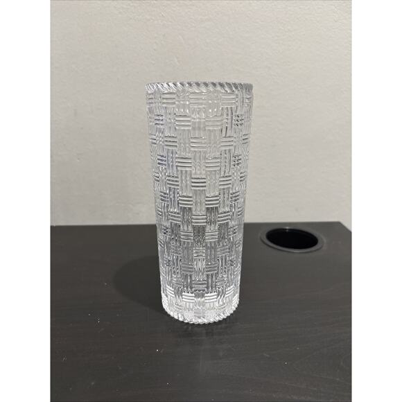 TIFFANY & CO Woven Basketweave Cylinder 8" Crystal Glass Vase Made In Germany - Picture 2 of 5